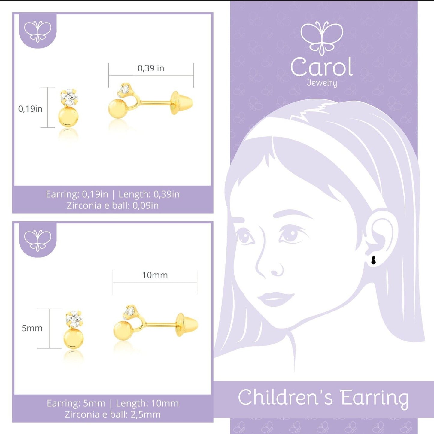 18k Solid Gold CZ & Ball Stud Earrings for Infants & Toddlers