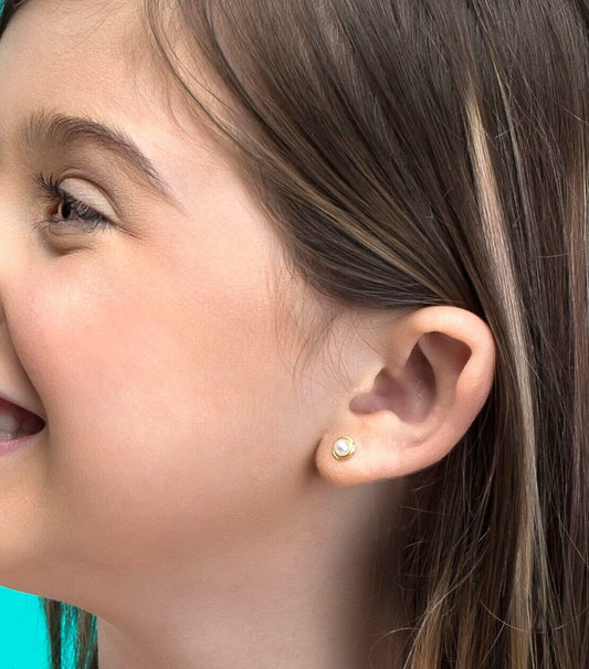 18k Solid Gold White Pearl 3 mm Push Backs Stud Earrings for Infants Toddlers