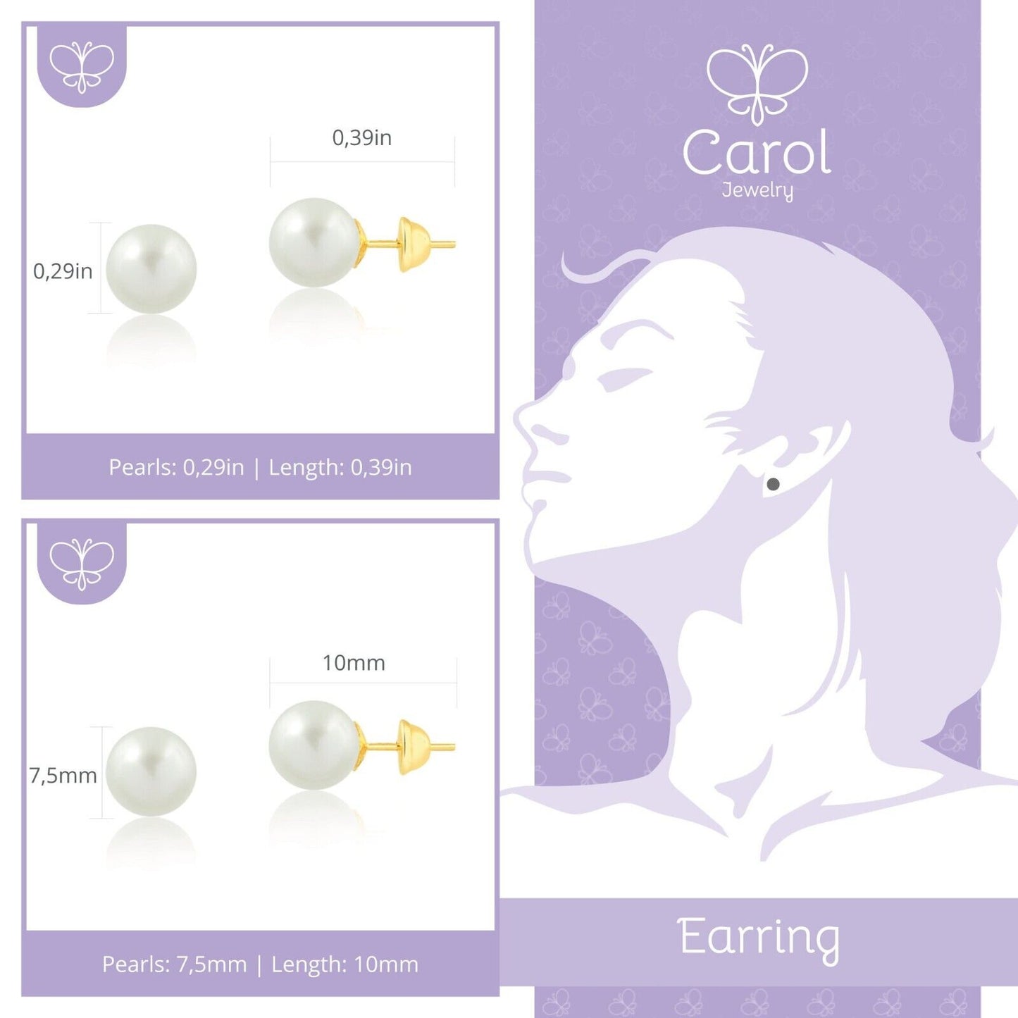 Earrings Freshwater Pearl 18k Yellow Gold Stud 7.5 mm for Women and Girls