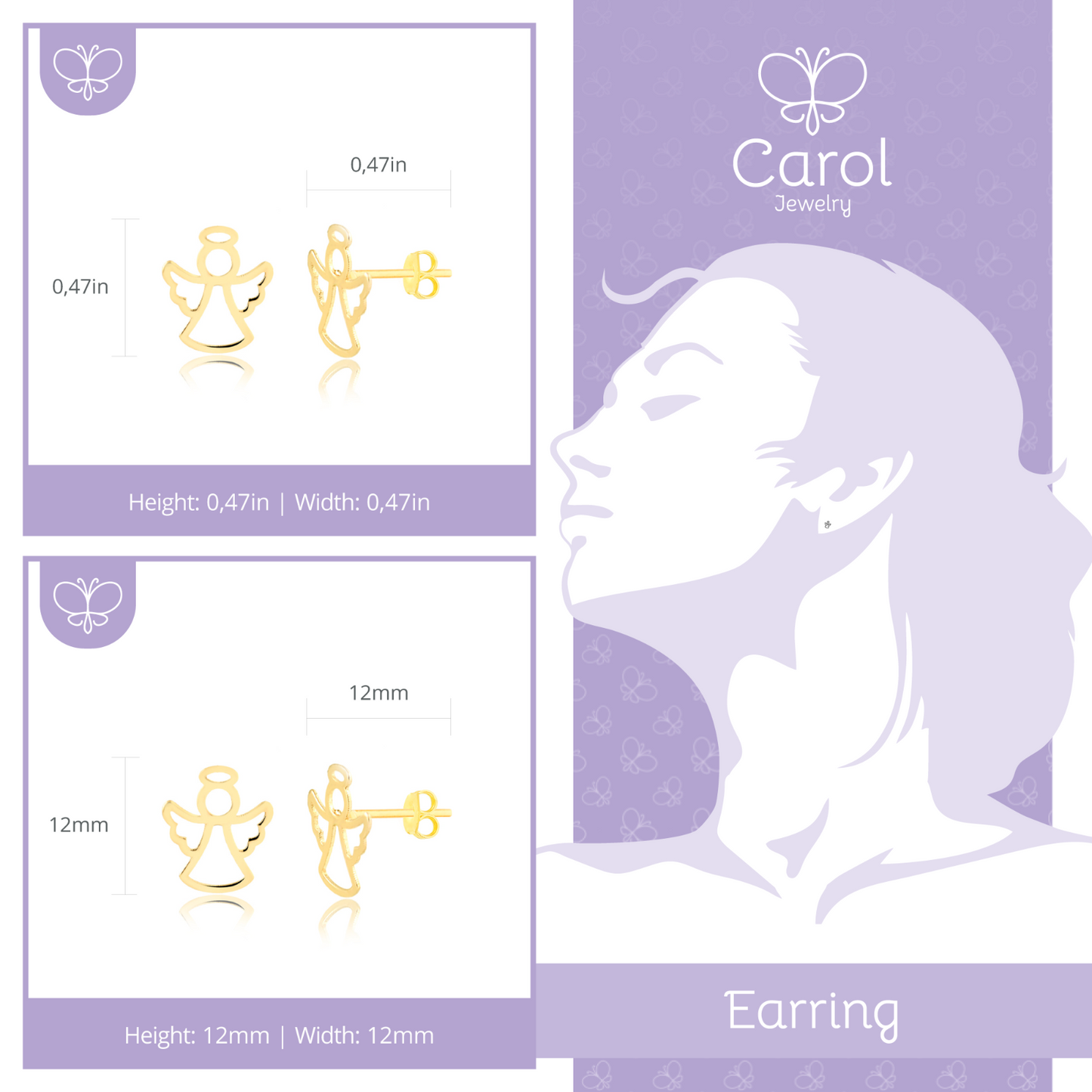 Angel 14k Solid Yellow Gold Earrings | Butterfly Backs Stud Earrings Girls Kids