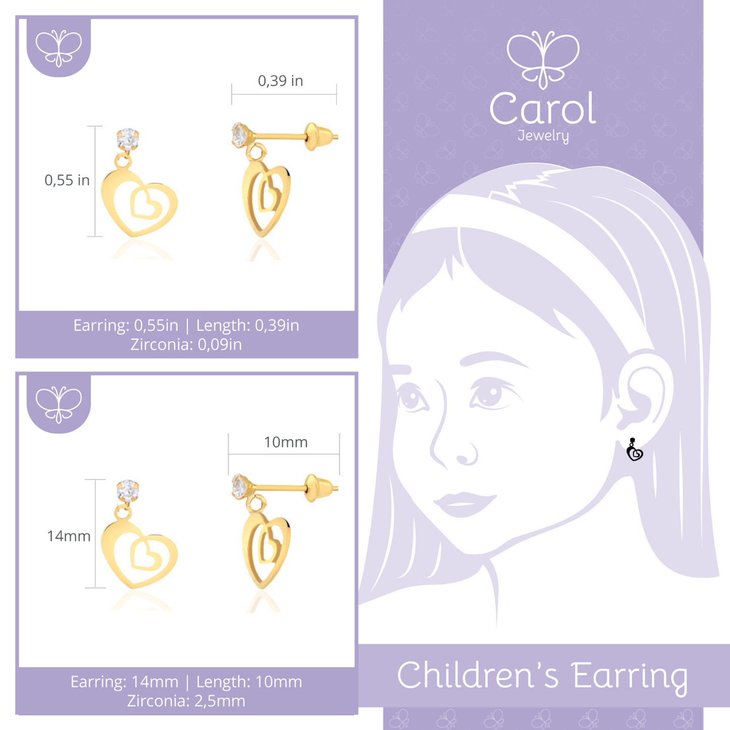Double Heart 18k Yellow Gold Cubic Zircon Dangle Drop Stud Earrings for Girls