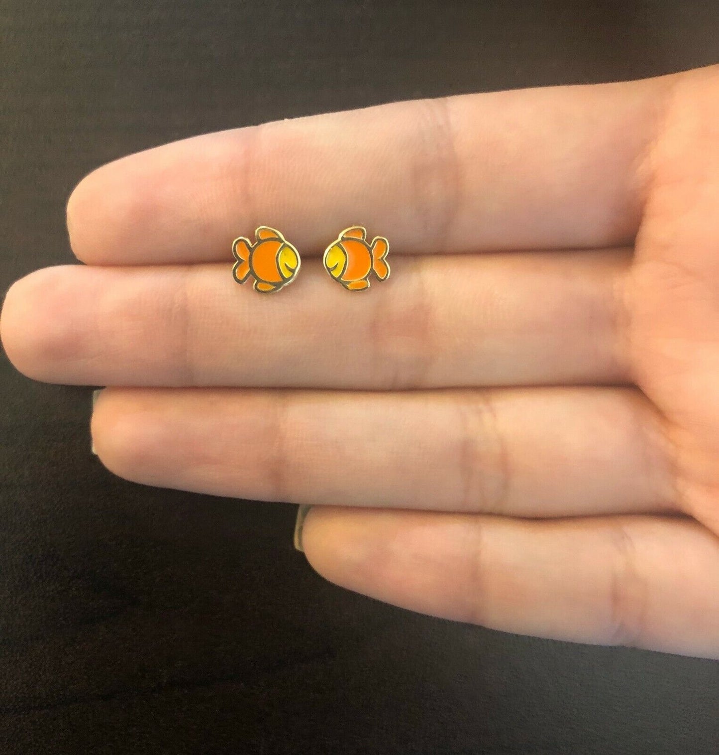 18k Solid Gold Enamel/Resin Fish Push Back Stud Earrings for Infants Toddlers