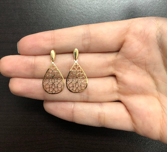 Teardrop Mandala Drop Dangle 18k Solid Yellow Gold Earrings for Women