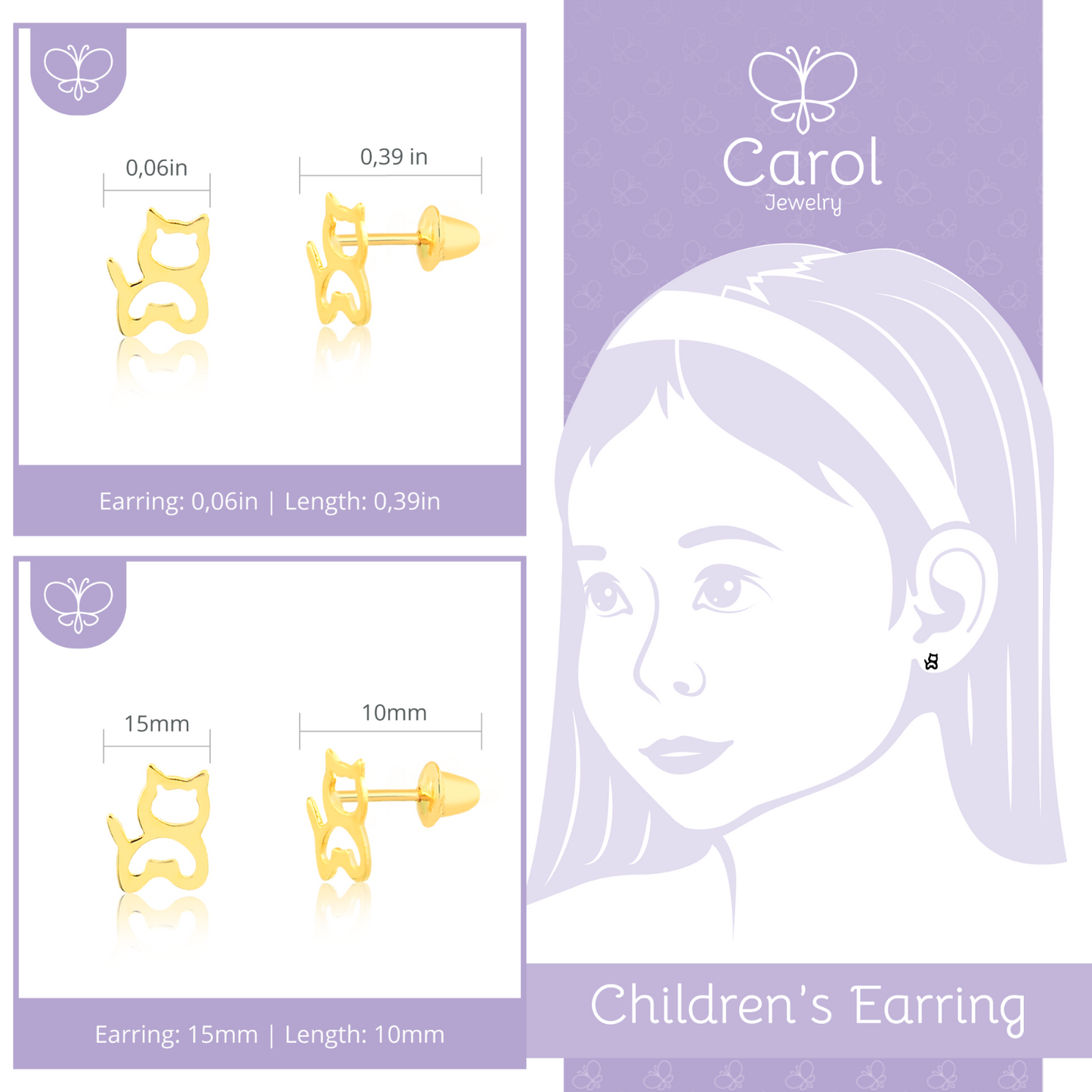 Cat 18k Gold Push Backs Stud Earrings for Little Girls, Toddlers and Infants