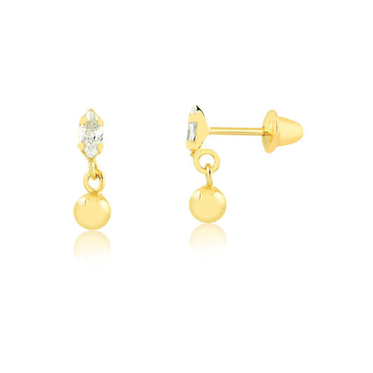 18k Solid Gold Drop Ball with Zircon Push Backs Drop Earrings for Babies Infants