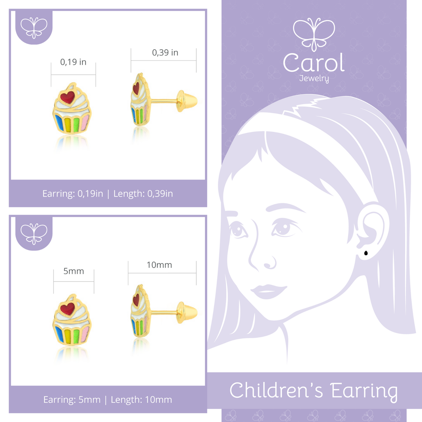 18k Solid Gold Enamel Resin Cupcake Push Backs Stud Earrings Infants Toddlers