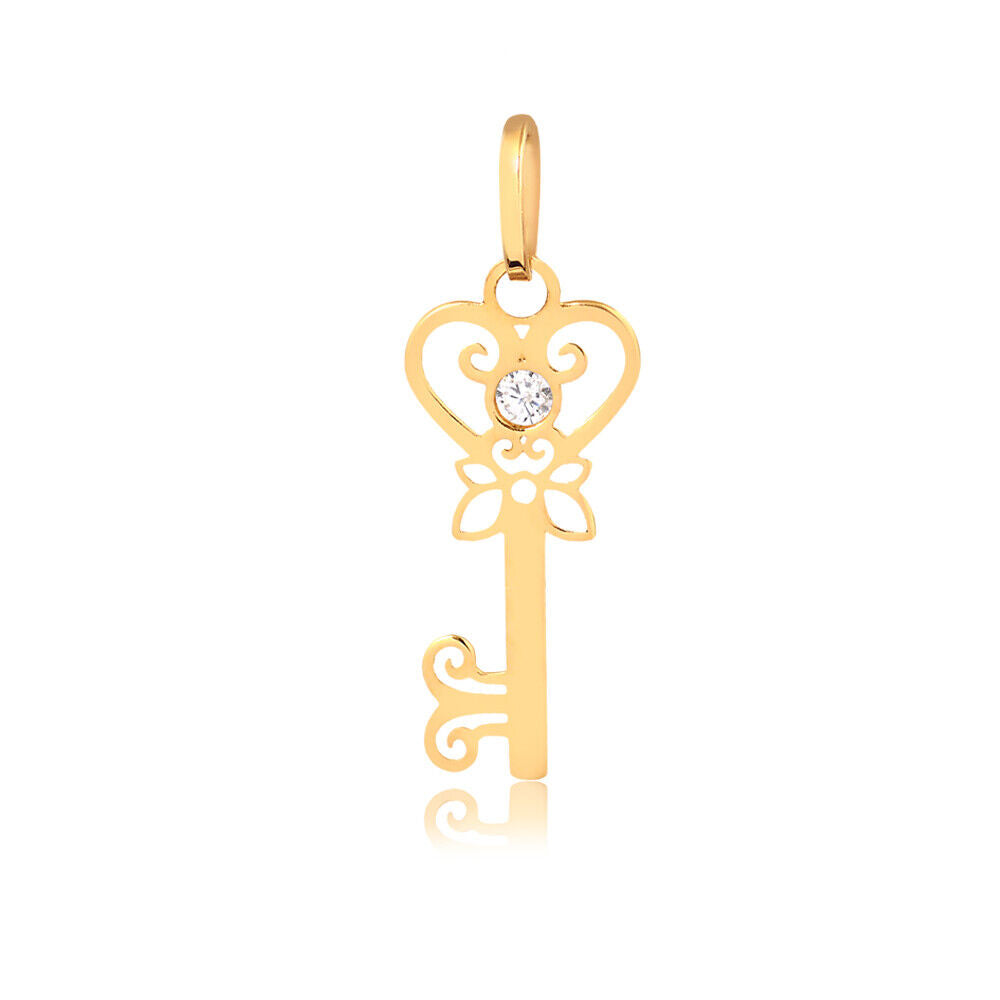 14k Solid Gold Key of Heart Cubic Zirconia charm Women Teens