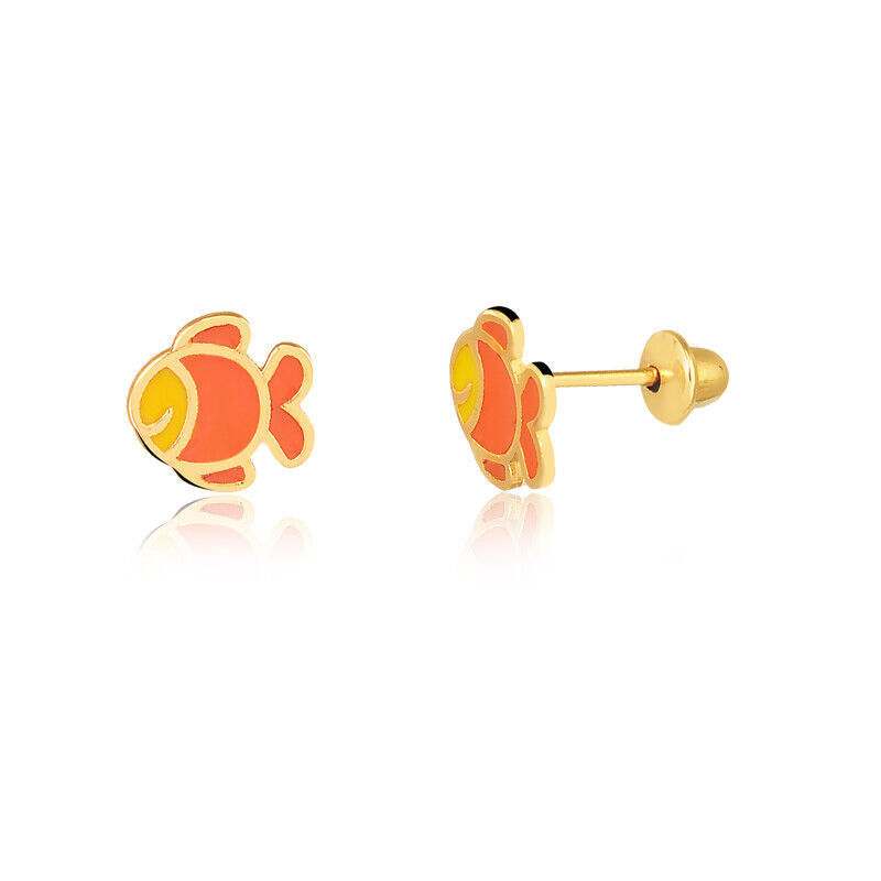 18k Solid Gold Enamel/Resin Fish Push Back Stud Earrings for Infants Toddlers