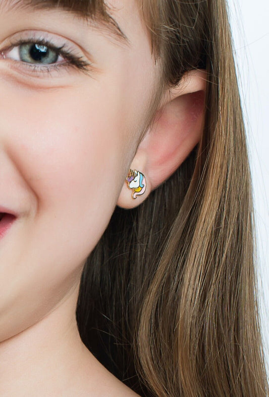 14K Gold Enamel Unicorn Colored Earring for Her Resin Unicorn Back Stud