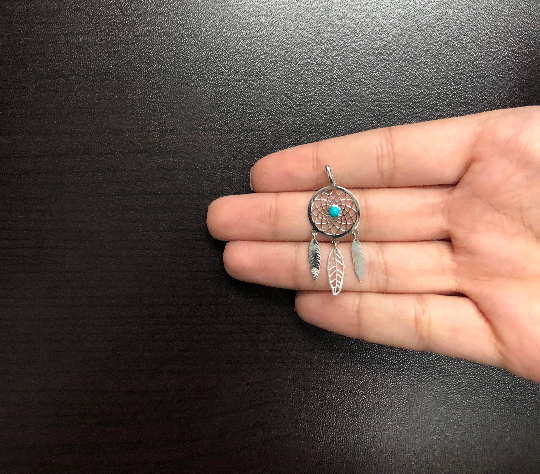 Dream Catcher Turquoise Stone 18k Solid White Gold  charm for Chain