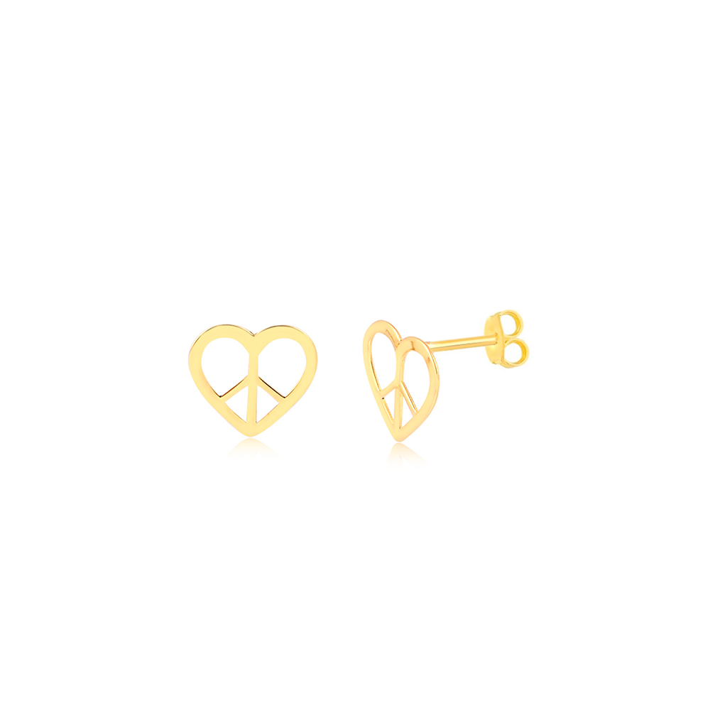 18 K Yellow Gold Peace and Love Heart shape earrings for women, girls and kids.