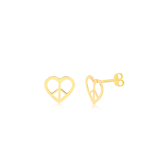 18 K Yellow Gold Peace and Love Heart shape earrings for women, girls and kids.