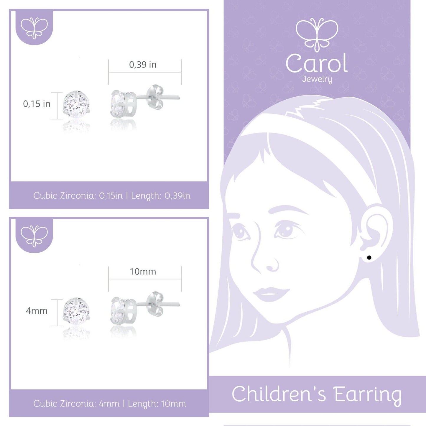 18k Solid White Gold Zircon 4 mm Push Back Stud Earrings for Toddlers Children