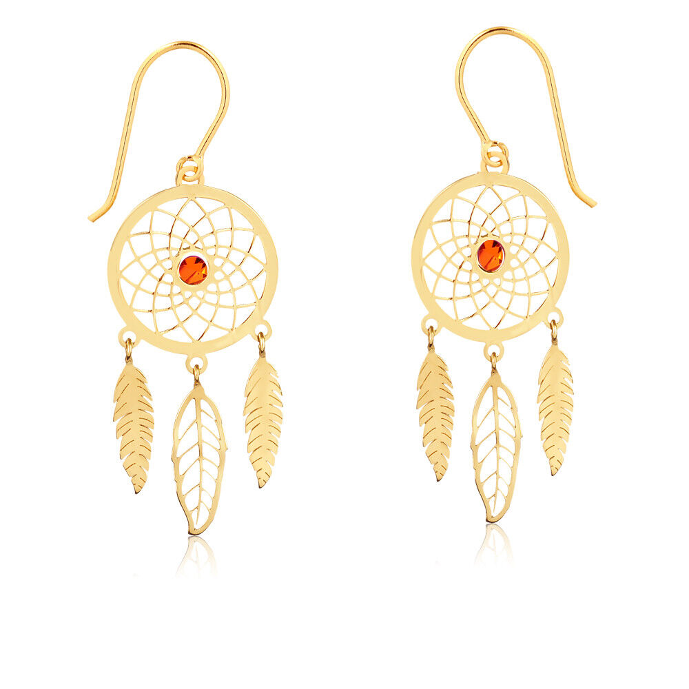 Dream Catcher 18k Yellow Gold Orange Cubic Zircon Hook Drop Dangle Earrings