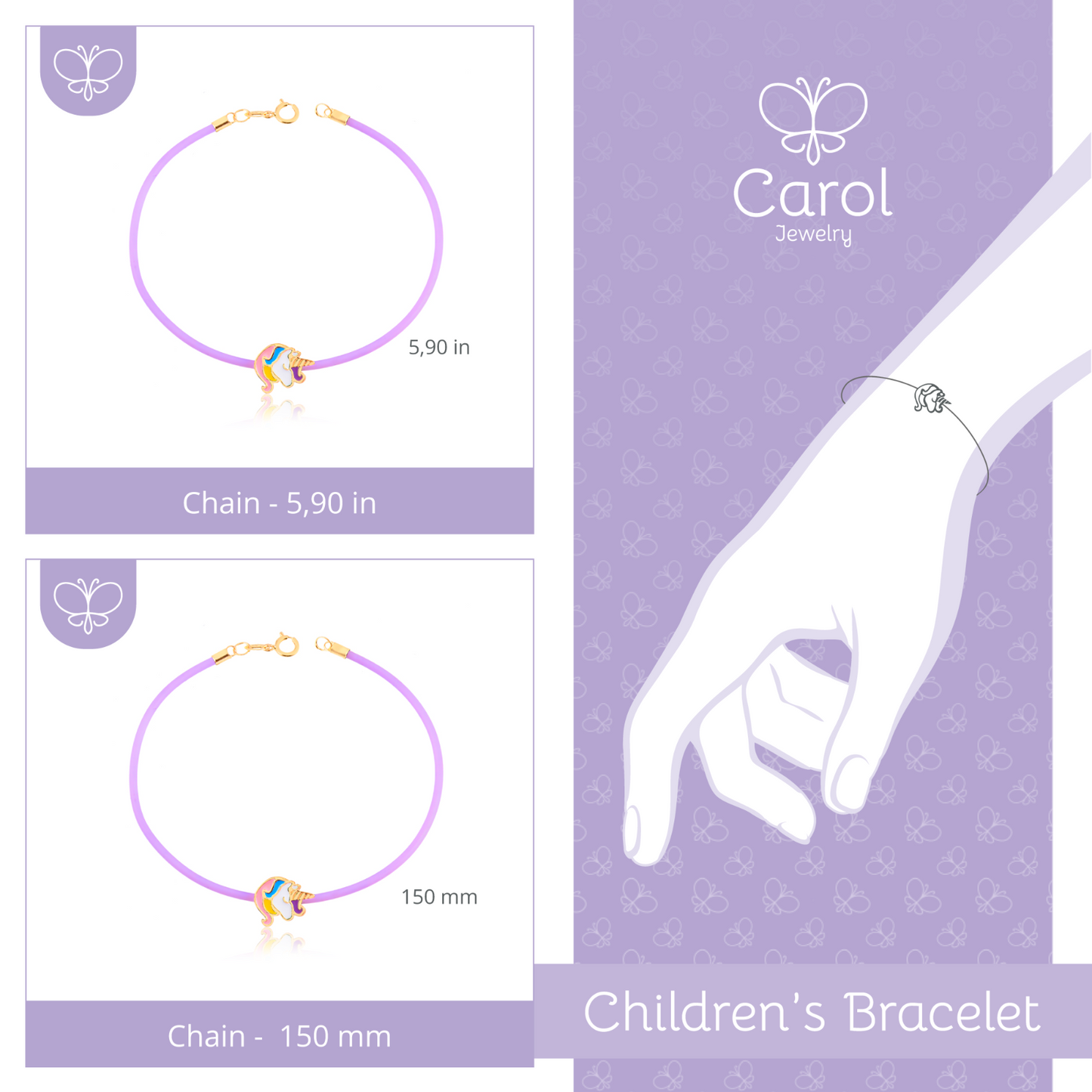 18k Solid Gold Enamel Unicorn Lilac Silicone Minimalist Bracelet for Children