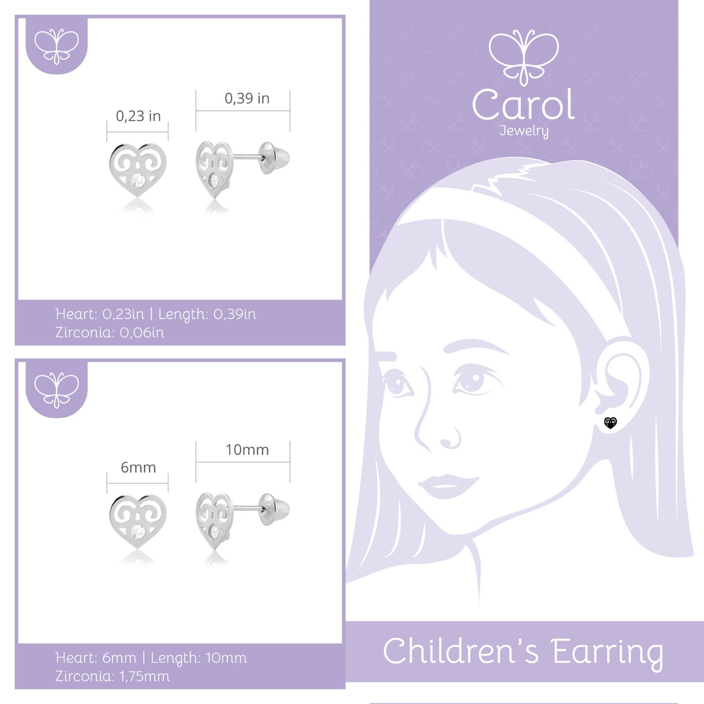 Heart Cubic Zircon 18k Solid White Gold Push Back Stud Earrings Infants Toddlers