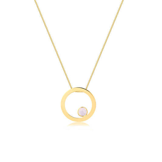 Chain 18k Solid Gold Circle with Natural Pink Quartz Stone for Women Teens