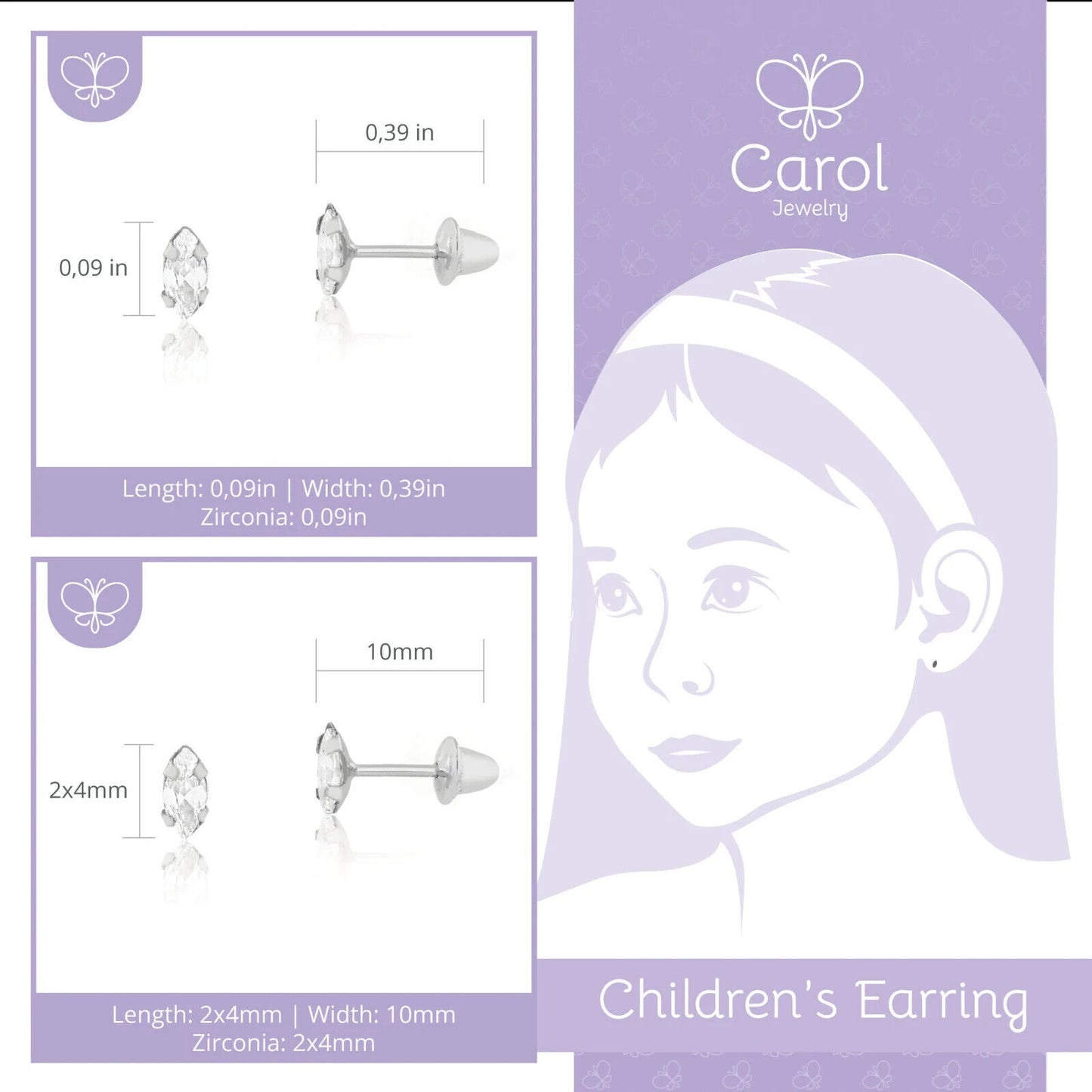 18k Solid White Gold Cubic Zircon 2x4 mm Push Back Stud Earrings Babies Infants