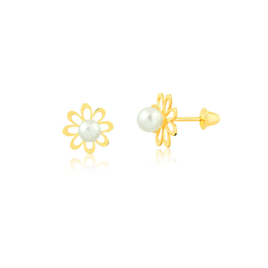 18k Yellow Gold Flower Pearl 2 mm Push Backs Stud Earrings Babies and Infants