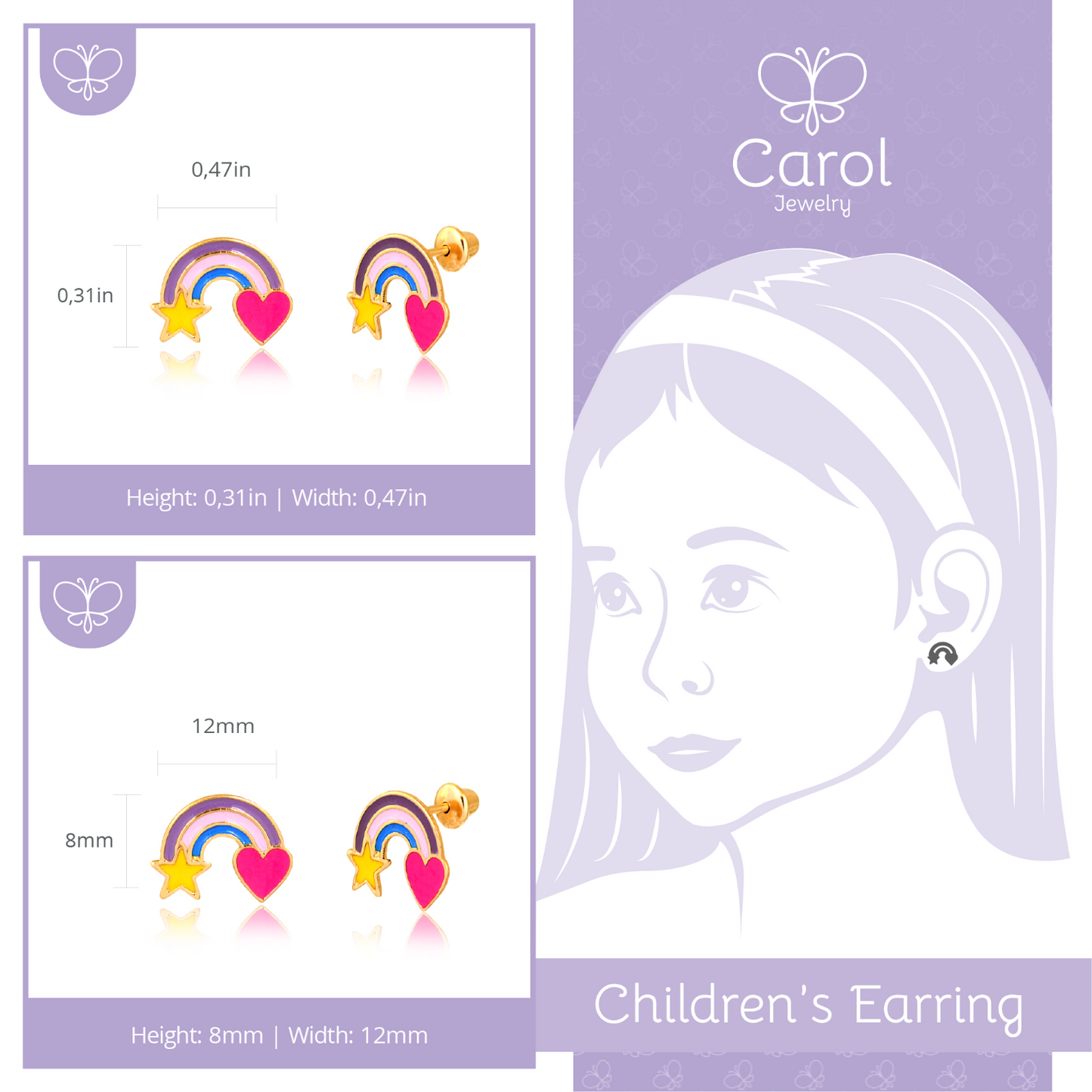 14k Solid Gold Enamel/Resin Rainbow Push Backs Stud Earrings Toddlers Children