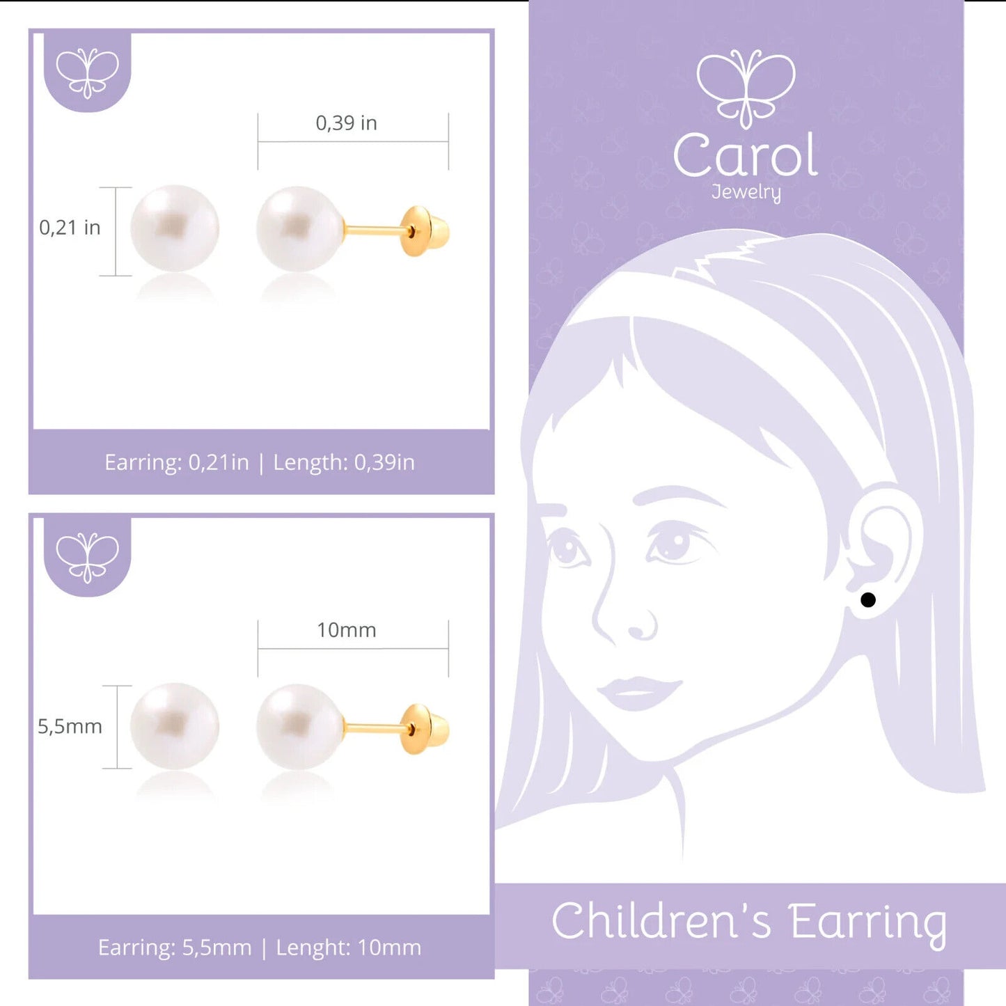 Freshwater Pearl 5.5 mm 18k Solid Gold Push Backs Earrings for Toddlers Children