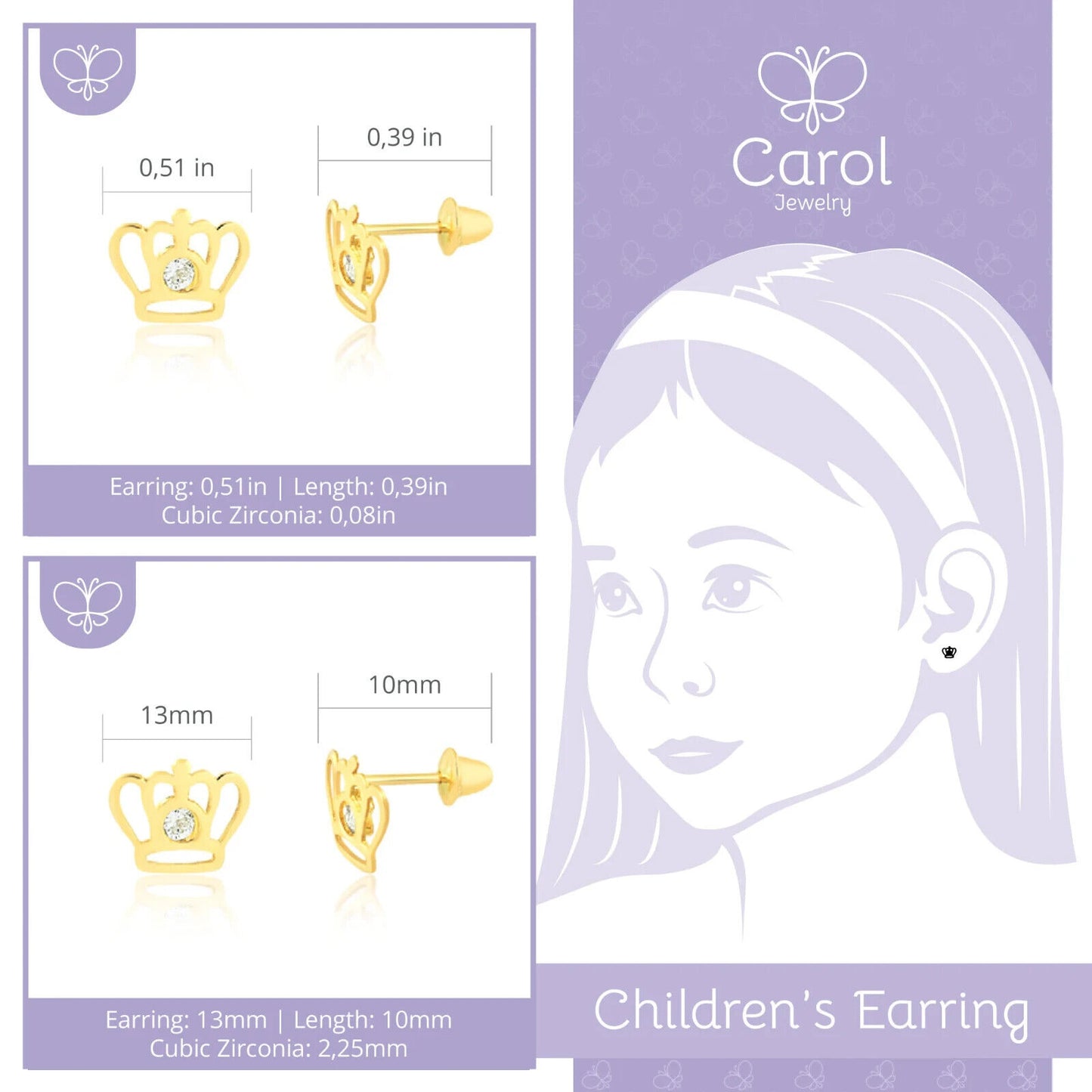 Crown Cubic Zircon 18k Solid Yellow Gold Screw Back Stud Earrings Toddlers Girls