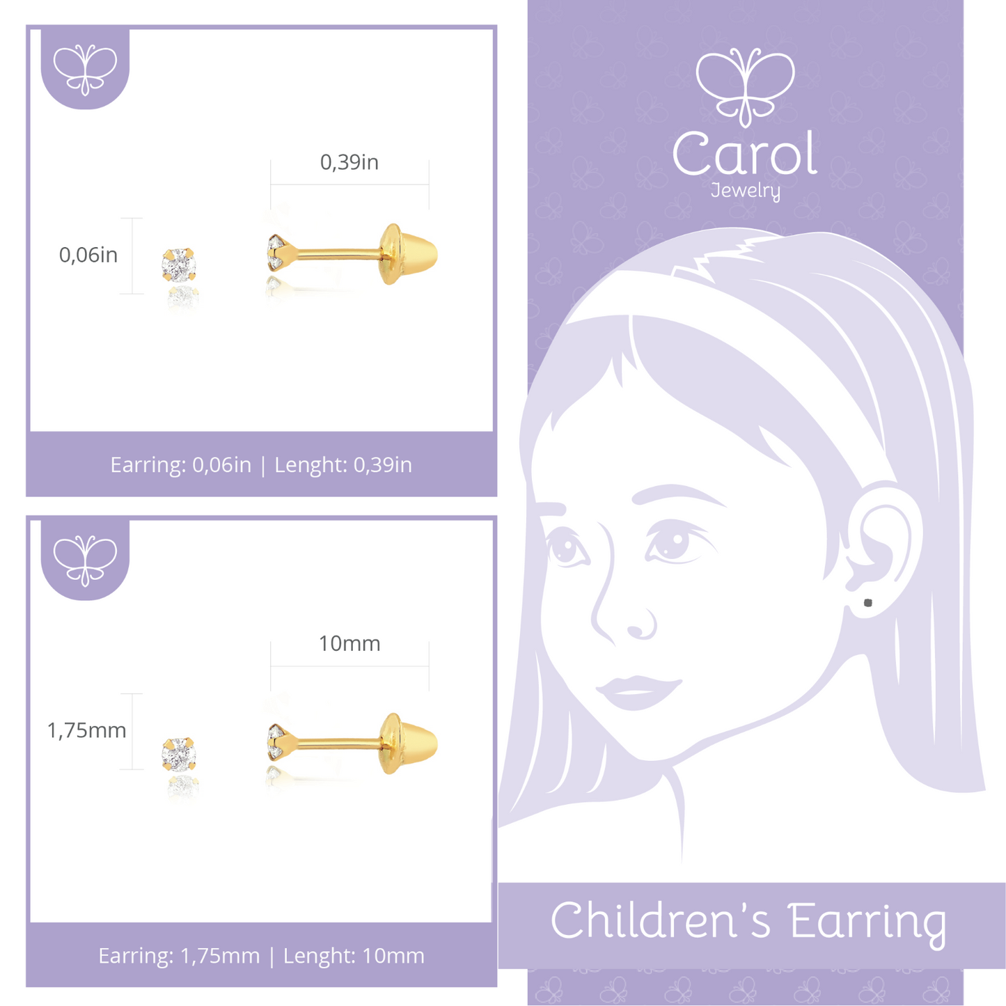 14k Solid Gold Zirconia 1.75 mm Push Backs Stud Earrings for Babies and Newborn