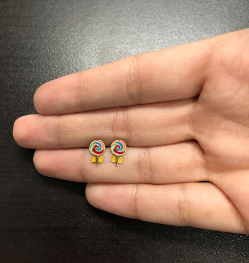 Lollipop 18k Solid Gold Enamel Push Back Stud Earrings for Toddlers Children