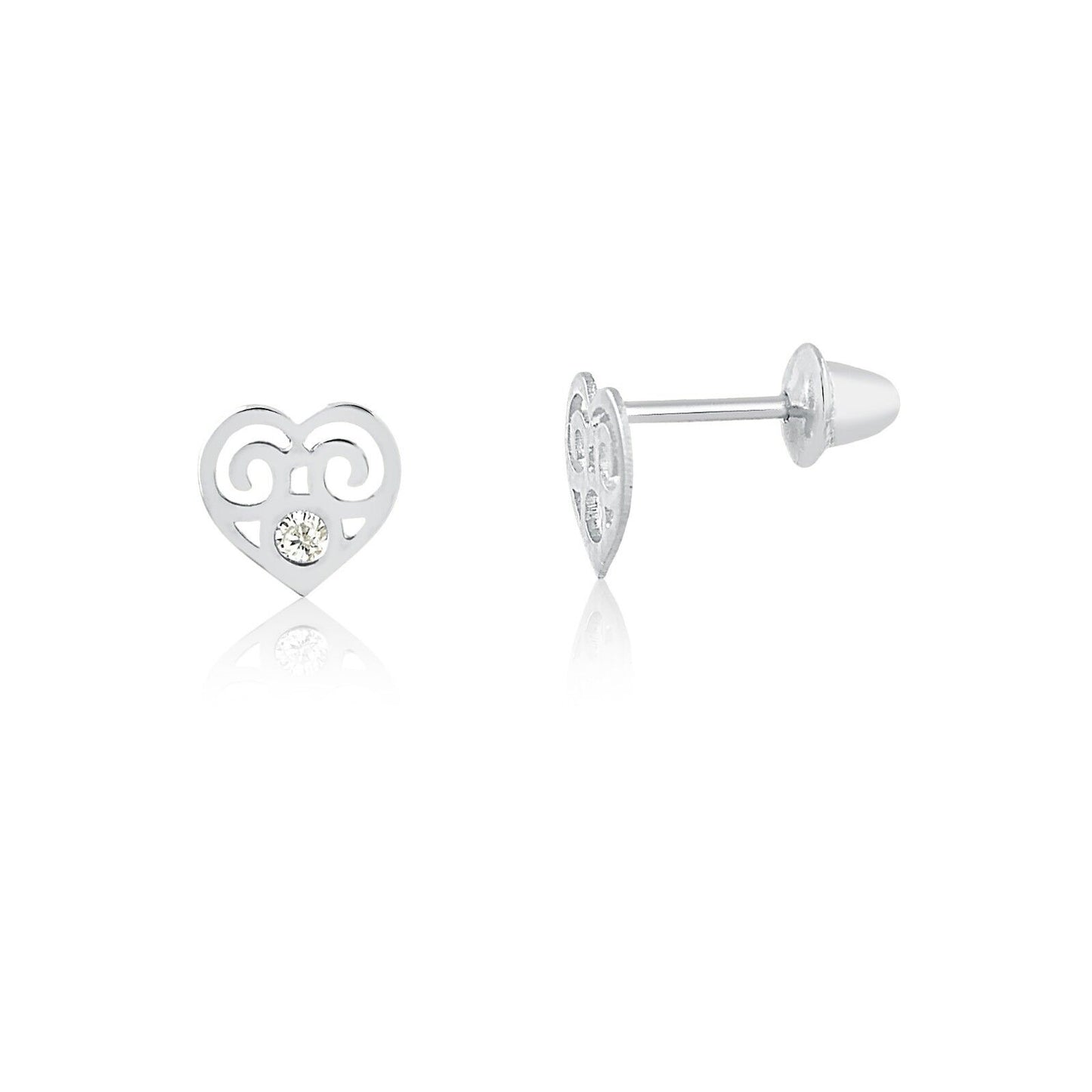 Heart Cubic Zircon 18k Solid White Gold Push Back Stud Earrings Infants Toddlers