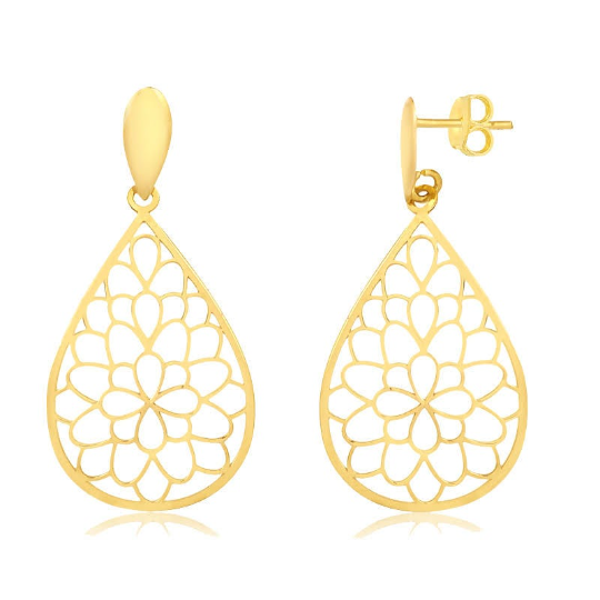 Teardrop Mandala Drop Dangle 18k Solid Yellow Gold Earrings for Women