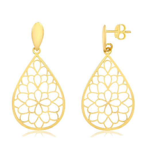 Teardrop Mandala Drop Dangle 18k Solid Yellow Gold Earrings for Women