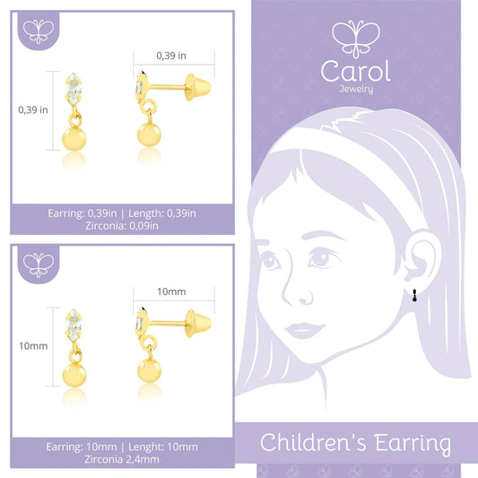 18k Solid Gold Drop Ball with Zircon Push Backs Drop Earrings for Babies Infants