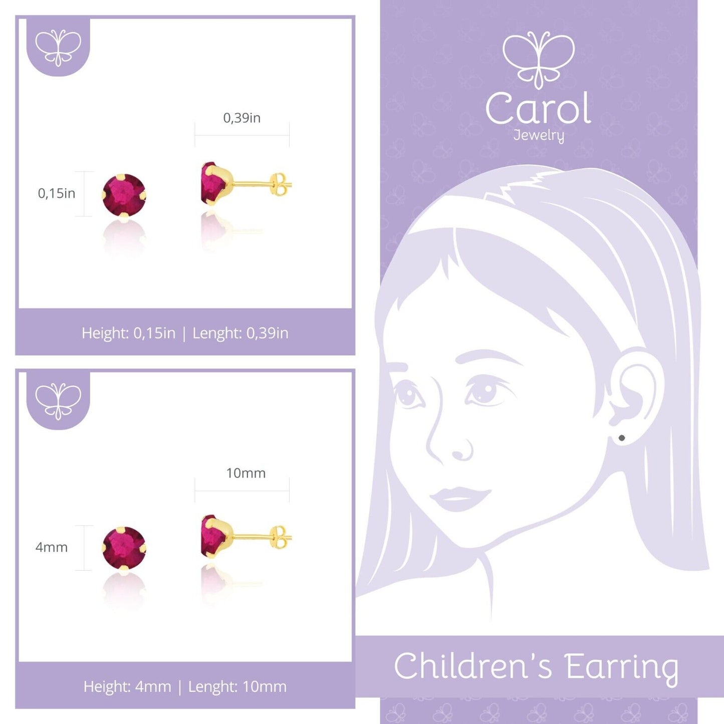 Earrings 18k Solid Gold Red Cubic Zircon Butterfly Back Stud Toddlers Children