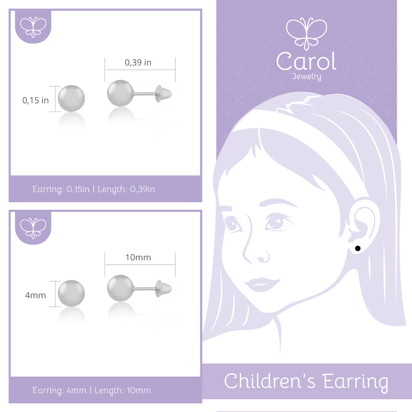 18k Solid White Gold Ball 4 mm Push Back Stud Earrings for Infants and Toddlers