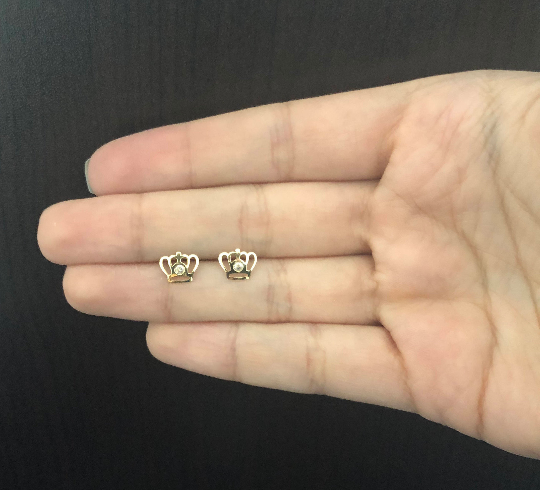 Crown Cubic Zircon 18k Solid Yellow Gold Screw Back Stud Earrings Toddlers Girls