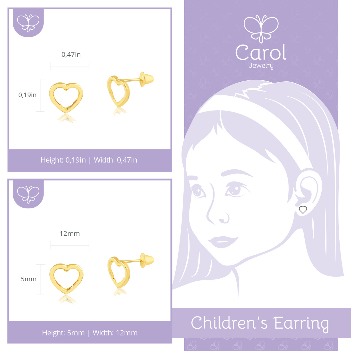 14k Solid Gold Hollow Heart Shaped Push Backs Stud Earrings Toddlers Children