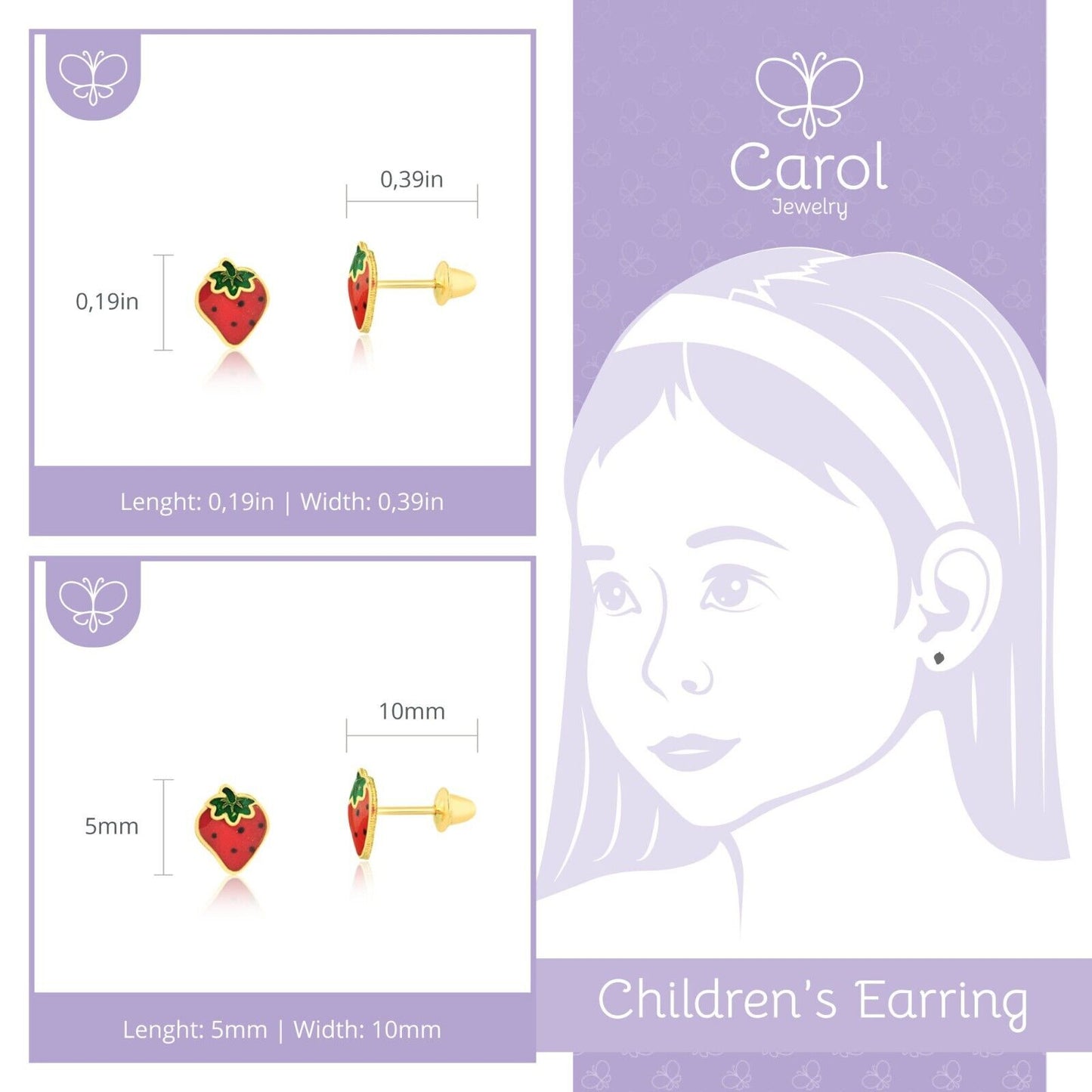 Strawberry 18k Solid Gold Resin Push Back Stud Earrings for Infants and Toddlers