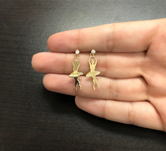 18k Solid Gold Ballet Dancer Ballerina Zircon Push Back Drop Earrings for Women