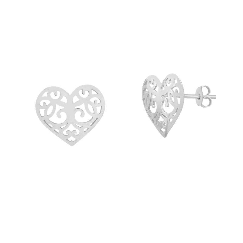 Heart Shaped 18k Solid White Gold Stud Earrings for Women and Girls