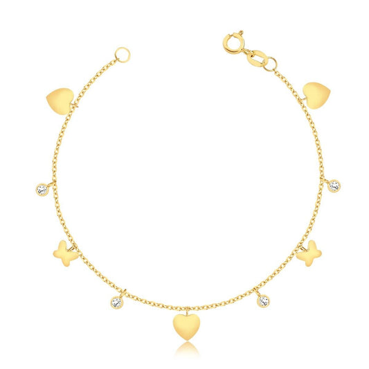 Bracelet 18k Solid Yellow Gold Heart Zircon Ball Butterfly Women