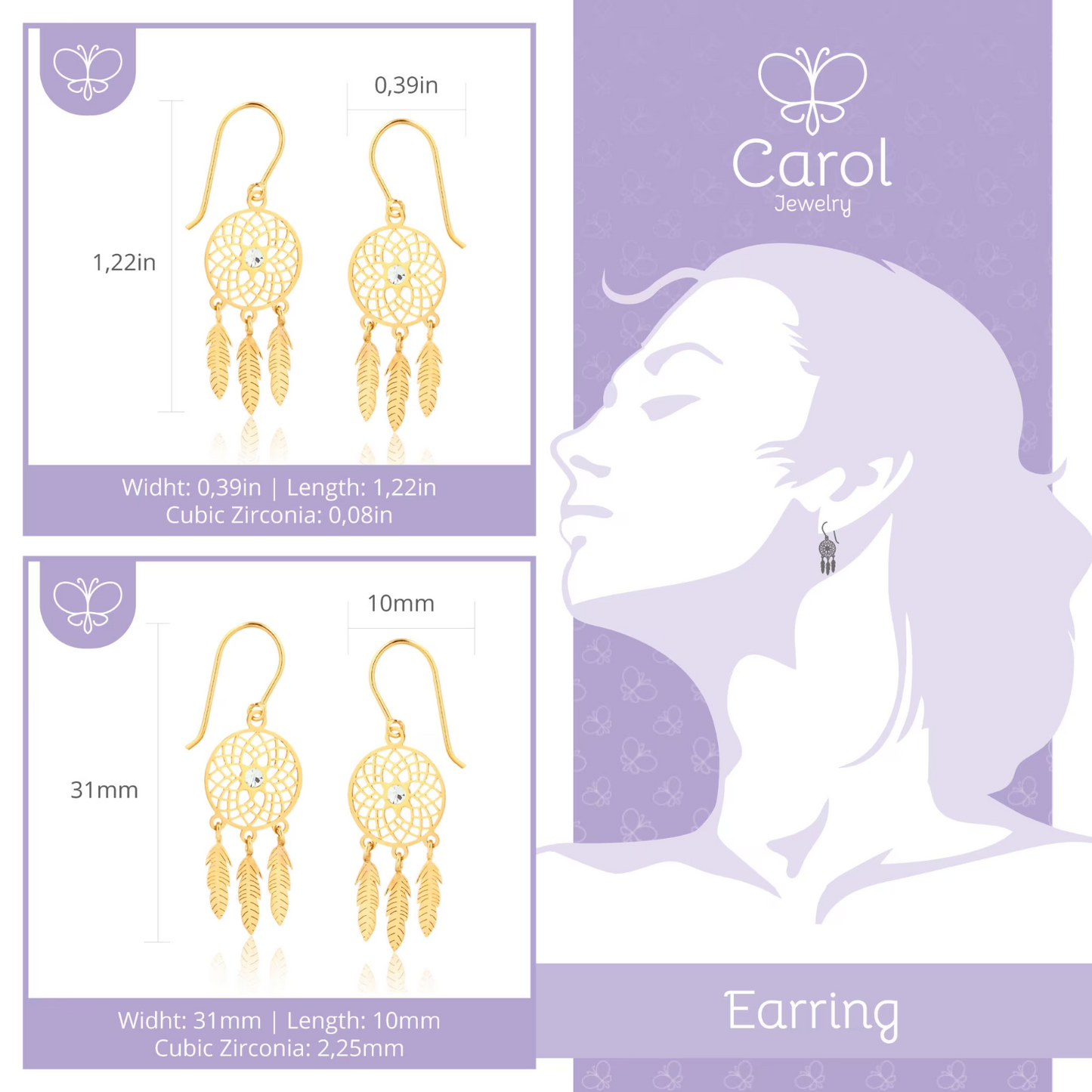 18k Yellow Gold Dream Catcher Cubic Zircon 2.25 mm Drop Dangle Hook Earrings