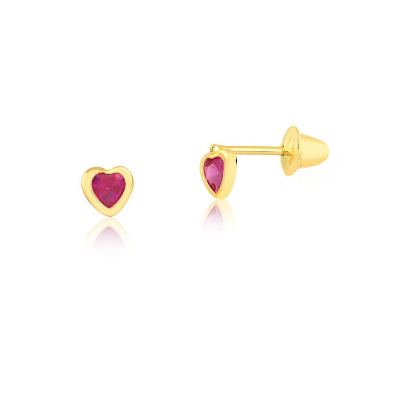 Red Zircon Heart 18k Solid Yellow Gold Push Backs Stud Earrings Infants Toddlers