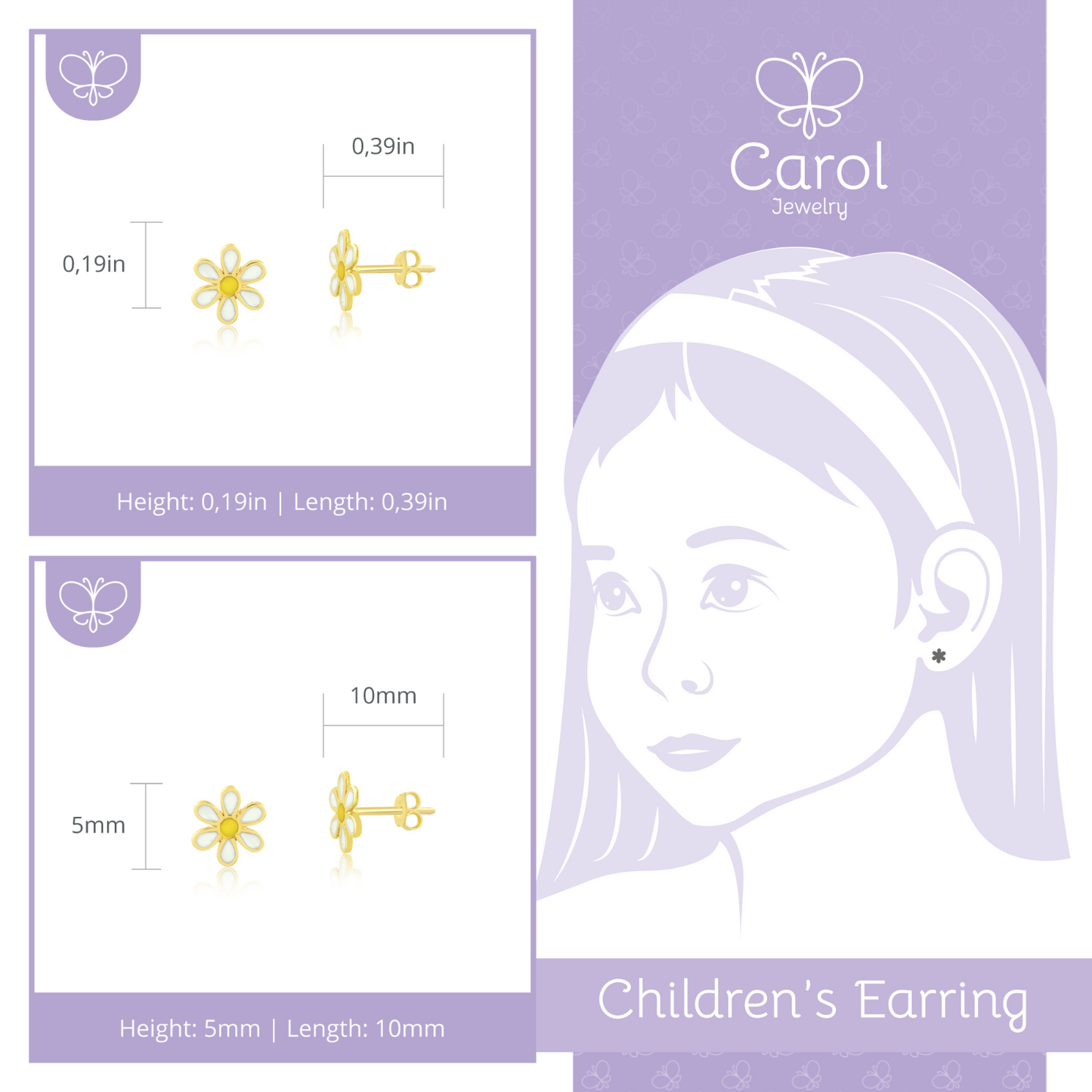 Daisy Flower 14k Solid Gold Enamel Butterfly Back Stud Earrings for Infants