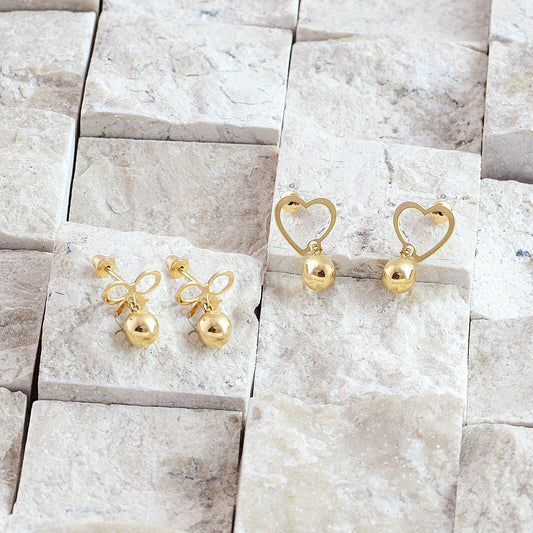 18k Yellow Gold Heart & Ball Dangle Earrings for Women and Girls