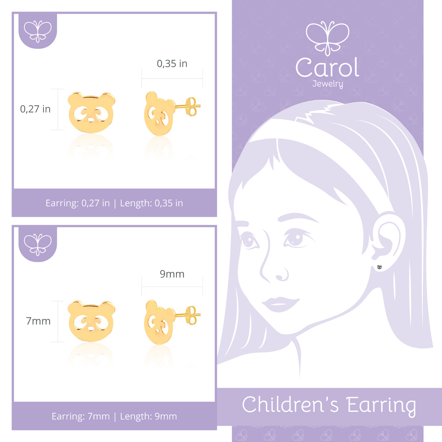 14k Solid Gold Panda Head Shaped Butterfly Backs Stud Earrings for Toddlers