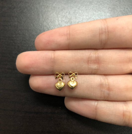 Bow Tie Heart 18k Solid Gold Push Back Drop Earrings for Little Girls, Toddlers
