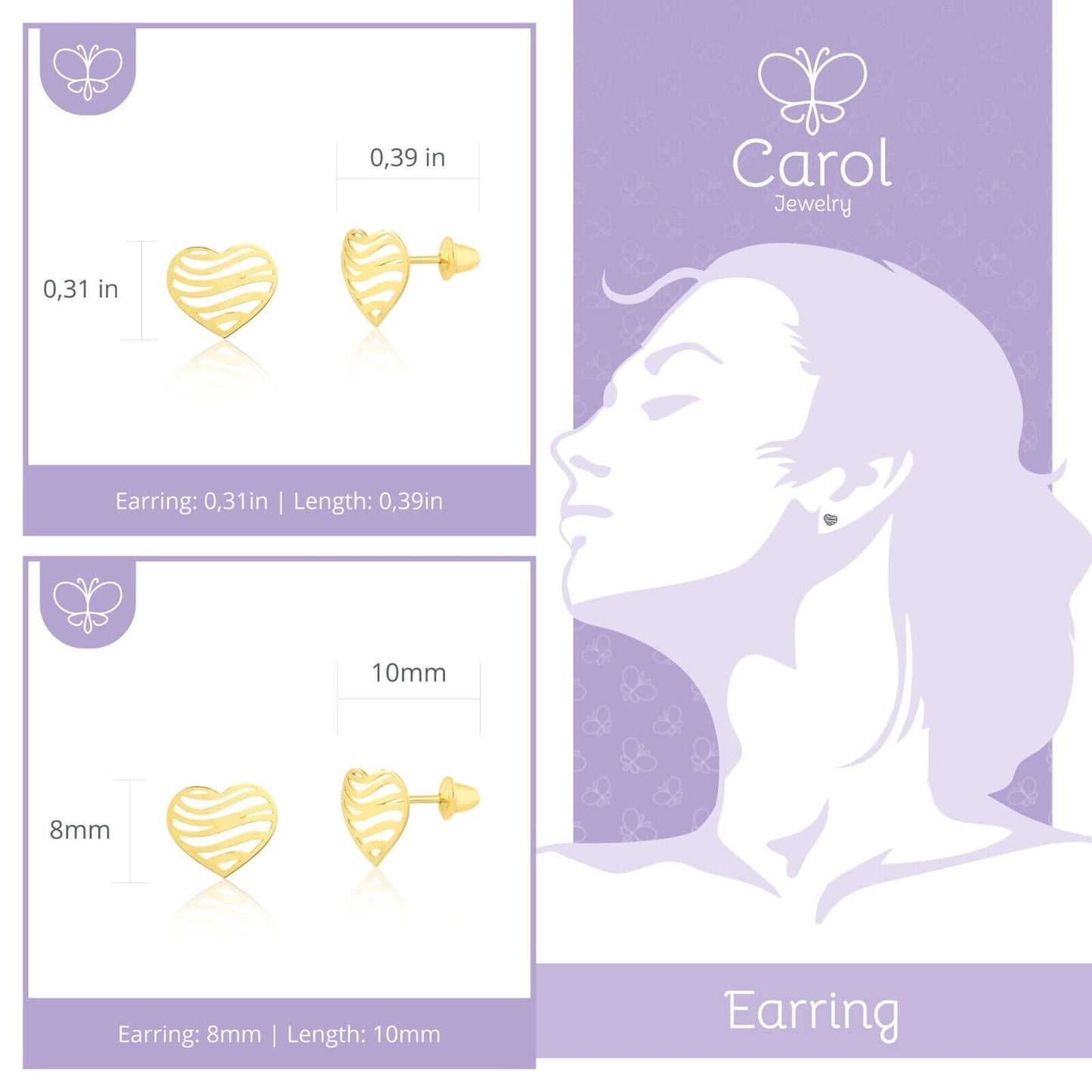 Heart Shaped 18k Solid Yellow Gold Stud Earrings for Girls, Teens and Women