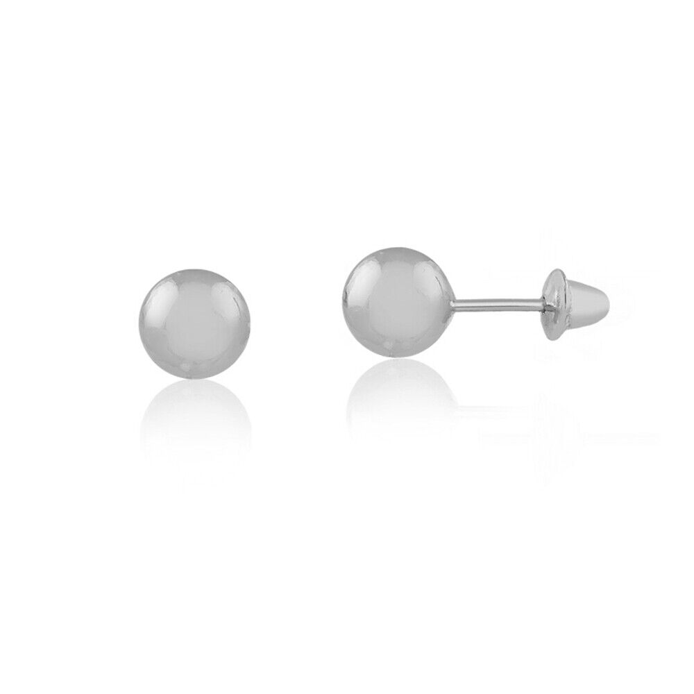 Earrings 18k Solid White Gold Ball 5 mm Push Back Stud for Toddlers and Children