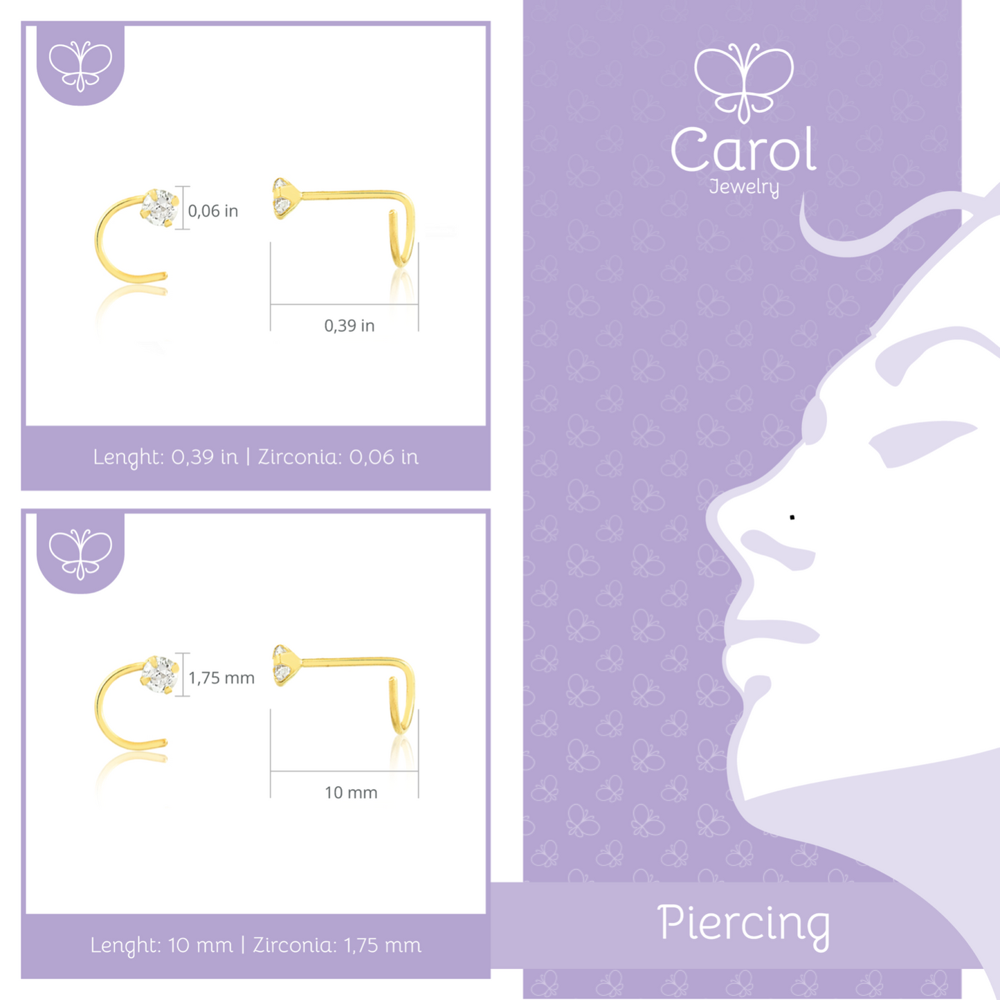 18k Solid Gold Tiny Nose Stud Screw L Shaped Zircon 1.75 mm Piercing for Women