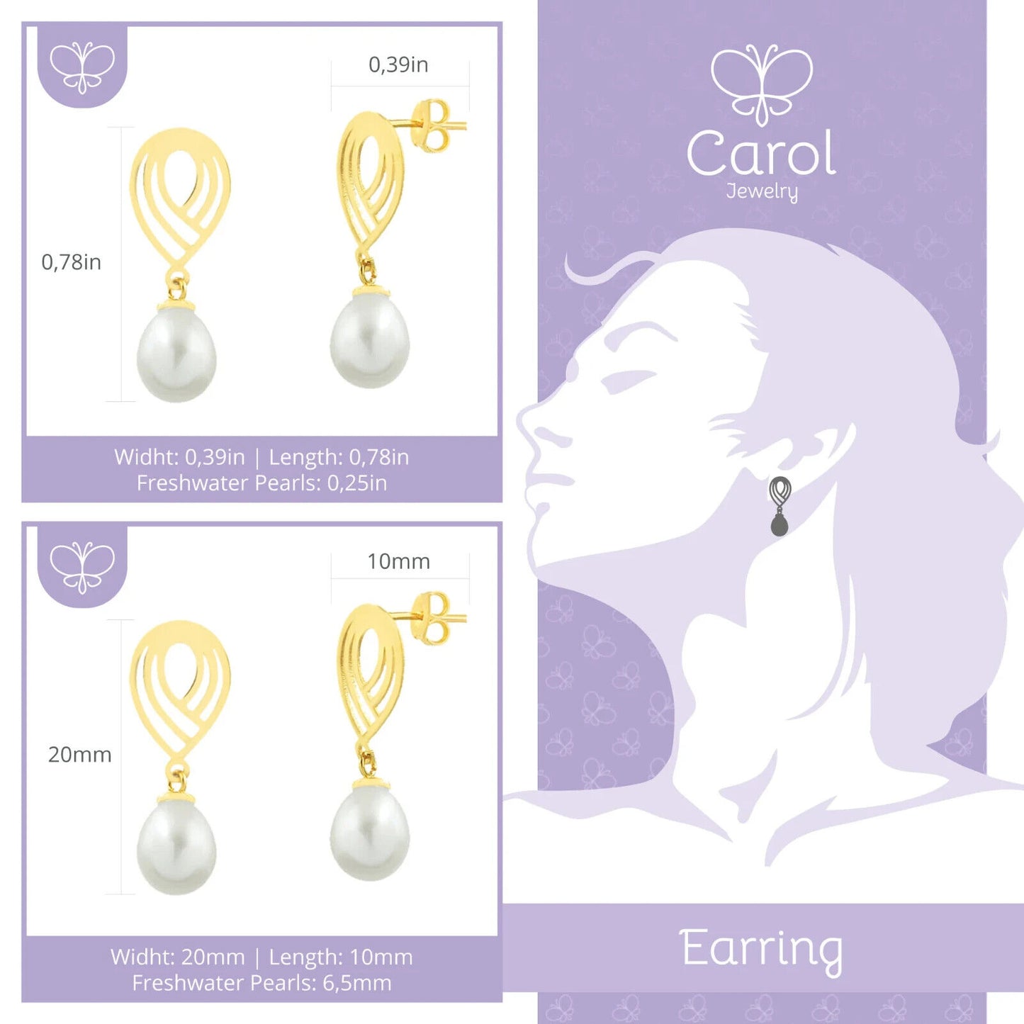 Freshwater Pearl Drop Dangle Earrings 18k Solid Yellow Gold for Women